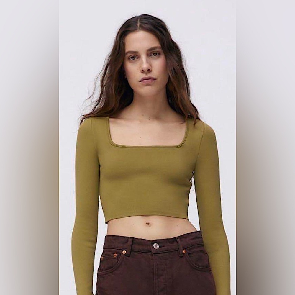 Zara Olive Green Square Neck Fitted Knit Long Sleeve Crop Top Womens Size M